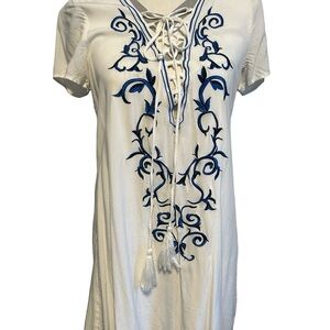 Lulus White Blue Embroidered Lace Up Boho Dress Tunic Size L